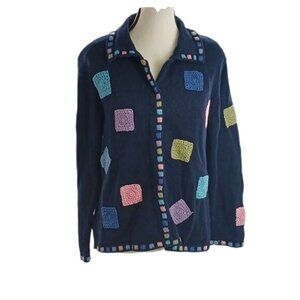 Christopher & Banks Cardigan Sweater Womens Size M Blue Colorful Crochet Squares